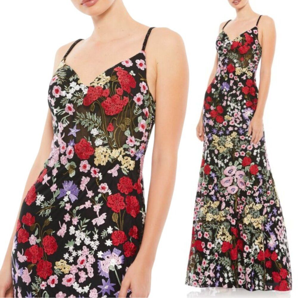 Mac Duggal Size 6 Black Floral Embroidery Sweetheart Neck Long‎ Maxi Gown Dress